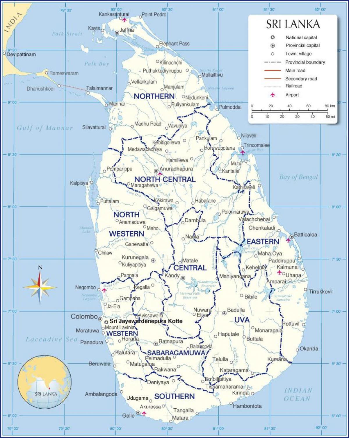 mapa nazioarteko aireportuak Sri Lanka