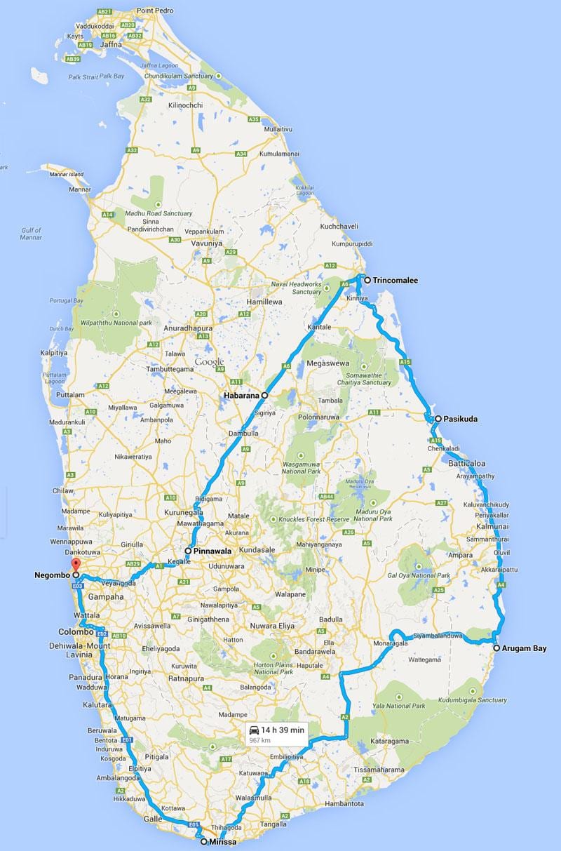 Sri Lanka hondartza onena mapa