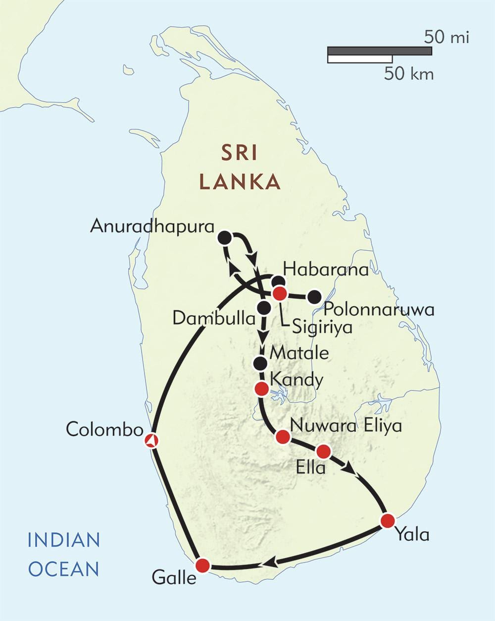 mapa Sri Lanka ibilbidea